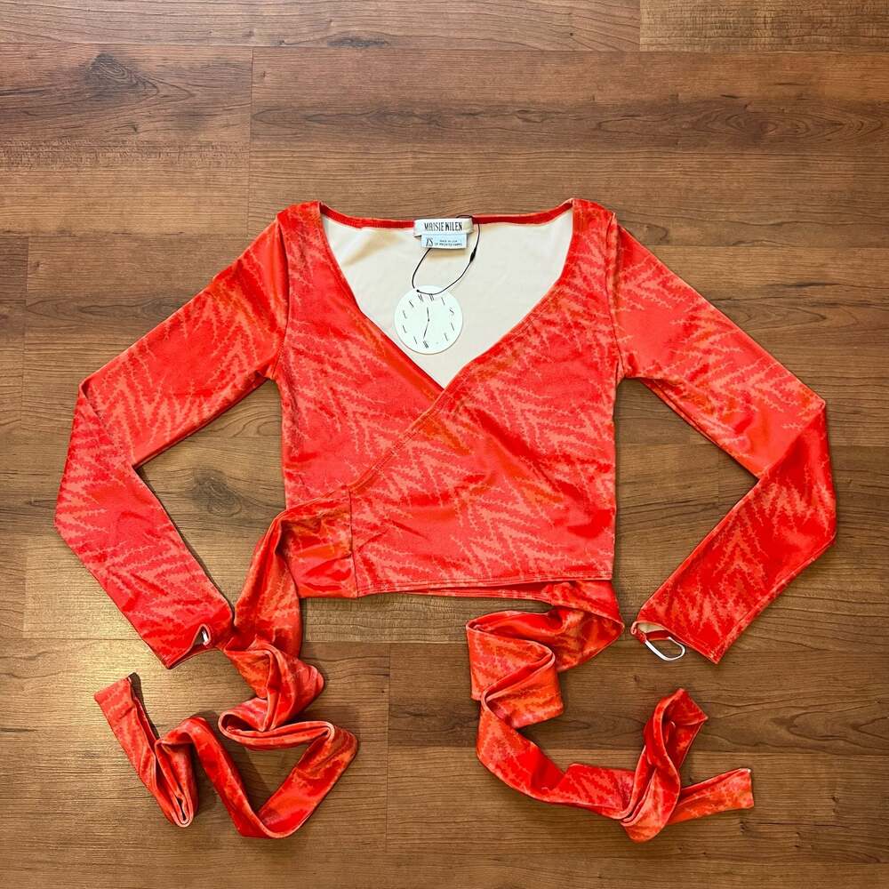 Maisie Wilen Dramady Orange Print Velour Wrap Top XS